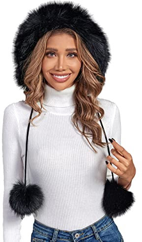 PINKGIRL Kunstfell Winter Strickmütze Beanie Mütze für Damen Ohrklappen Mütze Frauen Warme Fleece Gefütterte Schädel Ski Bommel Mütze mit Pompom (schwarz)