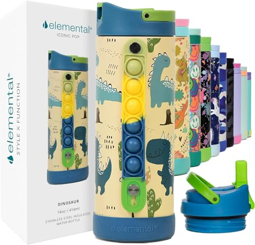 Elemental Iconic 414ml Triple-Wall Insulated Water Bottle with Straw – Sports-Lid & Pop Fidget Handle – Leakproof Stainless Steel Sports Water Bottle for Hot & Cold Drinks – Dinosaur
