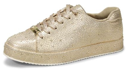LUCKY STEP Platform Rhinestone Fashion Glitter Sneakers | Sparkly Bling Bedazzled Wedding Bridal Shiny Shoes for Women (Gold Rhinestone, 8.5US-39EU-6UK)
