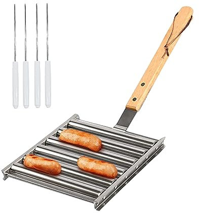 Rollender Wurstgrill Edelstahl-BBQ-Hot-Dog-Rollgestell mit langem Holzgriff und 4 Spießen für Außengrill, 5 Hotdog-Kapazität, Klein
