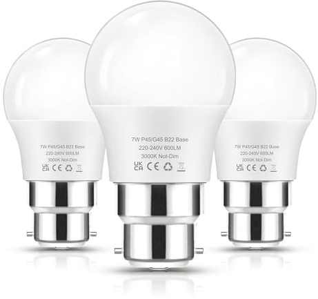 Flaspar Bayonet Light Bulb 60W, 7W B22 LED Bulbs Bayonet Cap Warm White 3000K, G45 P45 Energy Saving Golf Ball Lightbulbs, Non-dimmable, 3 Pack