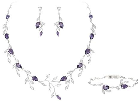 EVER FAITH Bröllopssmycken för brud damer brudtärna, zirkonia päronformad födelsesten blad halsband armband örhängen set för bal, 49.5 cm, kubisk zirkonia, Kubisk zirkonia