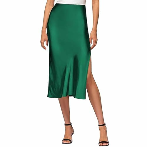 Gonna al ginocchio da donna midi in seta satinata a vita alta e gonna midi con elastico in vita, elegante e graziosa mezza gonna da donna, verde, M