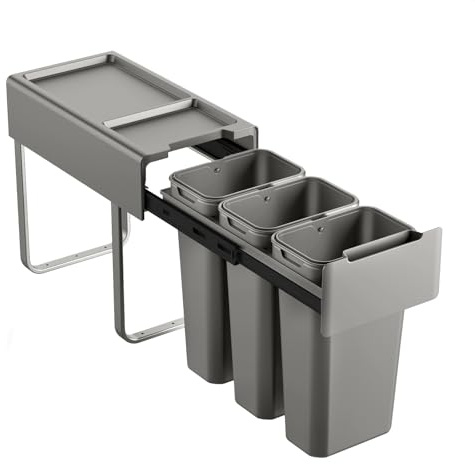 SVITA EM3x10 Pattumiera da Incasso 30L (3x10L) 3 Scomparti con Coperchio Sistema di Separazione dei Rifiuti 3 Scomparti Cucina Mobile da Sottopiano Pattumiera Estraiibile Grigio