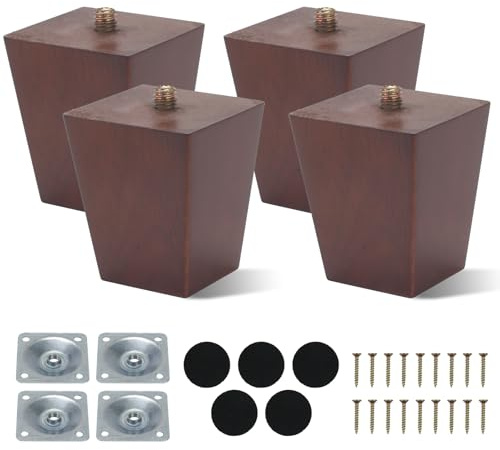 AWBEOT 4 Piedini per Mobili in Legno da 6 cm, Gambe per Mobili in Legno, Gambe Quadrate, Gamb di Ricambio per Divano,con Piastra di Montaggio,Pad Antiscivolo,Viti,per Tavolo,Letto,Armadio,colore noce