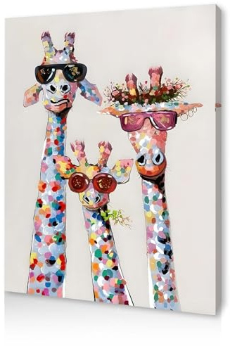 Qiukoo Wall Art – Colourful Giraffe Canvas Print with Sunglasses, Funny Animal Wall Decor for Bedroom, Living Room, Hallway or Stairs, with Pre-Mounted Frame and Hooks, 12 x 16