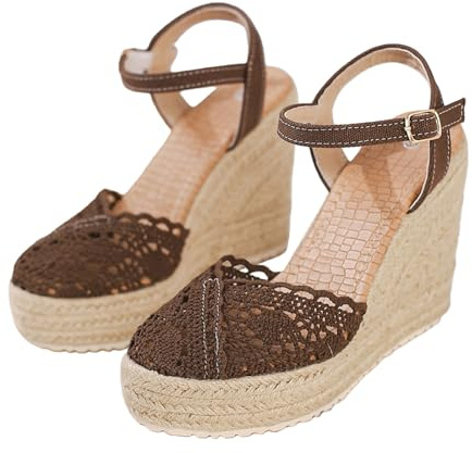 Generisk espadrilles för dam, kilklack, sommarskor dam med klack, ankelrem, sommarskor, öppna kilsandaler, tjock sula, halmsandaler, ankelrem, sandalett, kilsandaletter