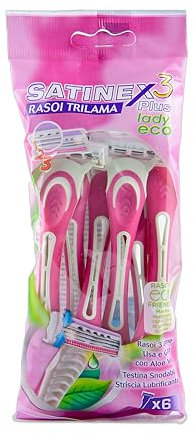 Satinex, Rasoi 3 Lame Usa e Getta con Aloe e Vitamina E, Confezione da 6 Rasoi con Testina Snodabile e Striscia Lubrificante, Depilazione Donna Profonda e Delicata, Rasoio con Manico Ergonomico