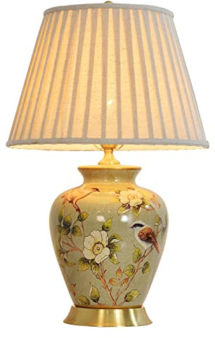 HUIBAOGONG American Flower and Bird Ceramic Table Lamp, Hand-Painted Chinoiserie Lamp, Fabric Lampshade Nightstand Lamp for Bedroom Living Room Office College Bookcase LED Bulbs Included