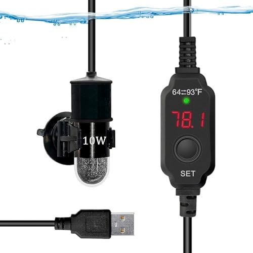 auomii Mini riscaldatore per acquario sommergibile USB da 10 W, regolatore di temperatura esterno, display a LED, utilizzato per 0,2-1 gallone, (adattatore non incluso)