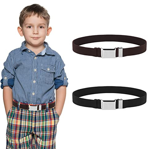 Lusofie 2Pcs Elastic Stretch Kids Belt with Easy Silver Square Buckle Adjustable Toddler Belt for Boys and Girls(Black, Coffee)