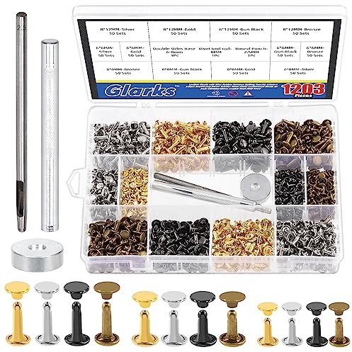 Glarks 600 Sets Leather Rivets with 3Pcs Setting Tool Kit, 4 Colors 3 Sizes Double Cap Rivets Tubular Metal Studs Leathercraft Rivets for Bags Clothing Shoes Leather Craft