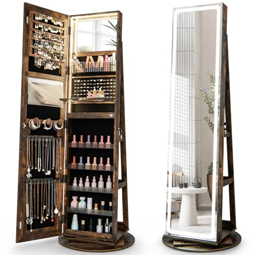 COSTWAY Armoire à Bijoux avec Miroir sur Pieds, Pivotant 360°, Grand Miroir Psyché Sans Cadre avec LED, Verrouillable, Placard Beauté, 3 Étagères, Serrure, Rangement Bijoux Style Nordique, Marron