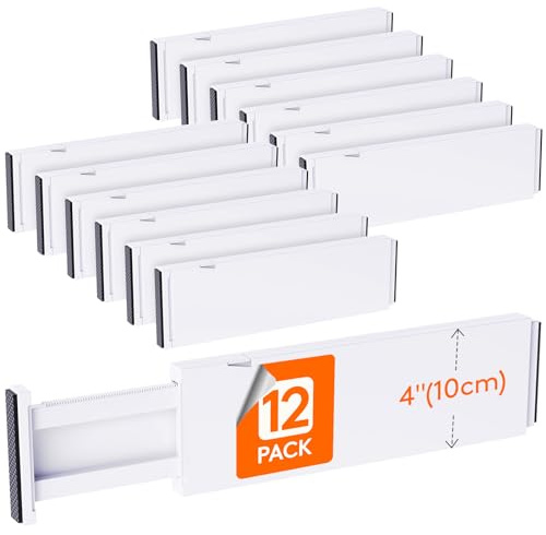 Lifewit Separadores Cajones de 10 cm Altura, Organizador Armario, 34-50 cm Ajustables Divisores para Almacenaje Ropa/Camisetas/Pantalone, Accesorios para Baño/Cocina/Oficina, Blanco, Paquete 12