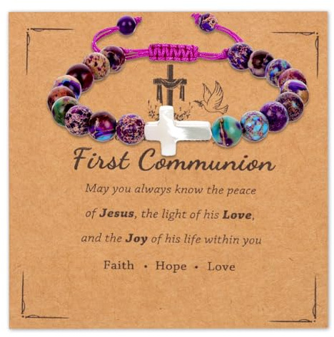 Mikovivi Bracelet Croix pour Filles, 8 mm Bijoux de Baptême pour Adolescentes Cadeaux de Remise de Diplôme Cadeaux de Baptême de Première Communion pour Anniversaire Sainte Communion (Violet)