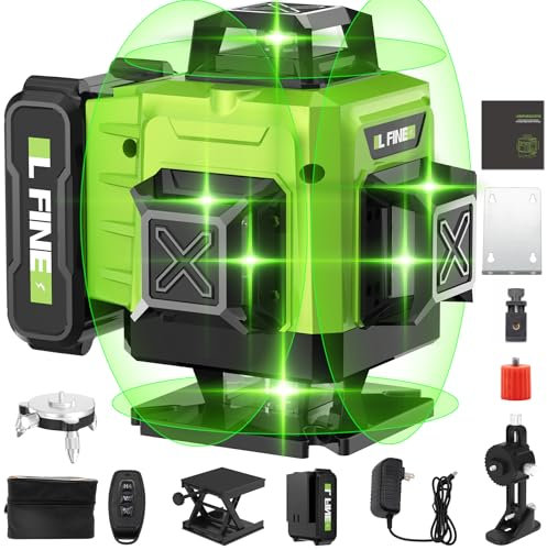 Nivel Laser Autonivelante 4 x 360°, 16 Líneas, 30M, IP54, Línea Cruzada Horizontal y Vertical Nivel Láser Verde para Interior y Exterior con 1 Batería, Control Remoto, Cargador, etc.