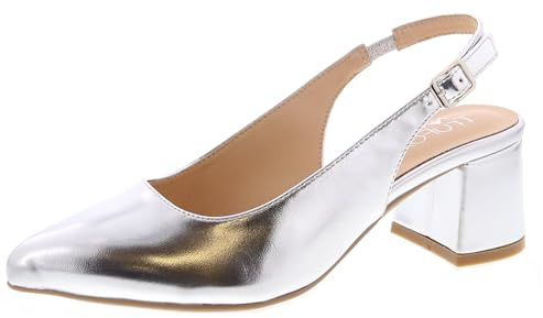 Women's Pointed Toe Block Heel Pumps Slingback Chunky Slip On Low Mid Heel, Silver, 5 UK