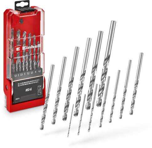 Original Einhell Jeu de 13 forets à métaux HSS-G (acier HSS 4241, poli miroir, pointe Split-Point 135°, hélice fraisée type N, queue ronde y compris cassette de rangement)