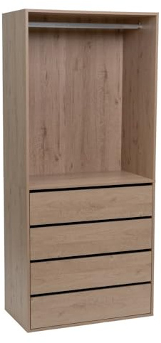 LOLAhome - Armario Modular de Tablero Laminado Color Madera Natural con Barra y 4 cajones de Cierre Suave de 80x45x180 cm para Dormitorio o vestidor. Organiza tu Ropa y Optimiza el Orden