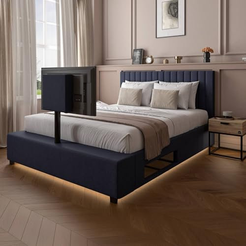 X-Rocker Maisie Velvet King TV Bed Frame with Rotating TV Mount and Ambient Underbed RGB LED Lighting King 5ft Low Sleeper Bedstead, Upholstered Fabric BedFrame XR LIVING - Navy Blue