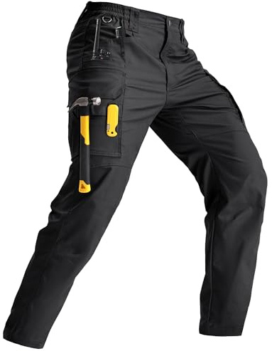 IGOLUMON Work Pants for Men Cargo Pants Tactical Pants with 9 Pockets, Ripstop Lightweight Stretch Outdoor Hiking Pants Black