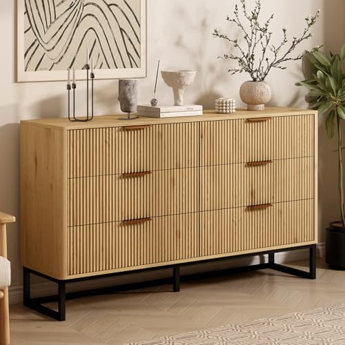 SJPVPYB Chest of Drawers with 6 Drawers, Storage Cabinet Cupboard Sideboard with Metal Base, Wood Accent Cabinet for Bedroom, Kitchen, Living Dining Room, Natural (6 Drawers Wood)