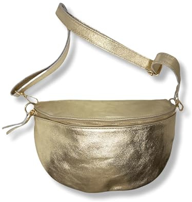 Sac Banane en Cuir Véritable Italien, Bandoulière Réglable, 30 x 20 cm, Or, pour Femme (Or Irisé)