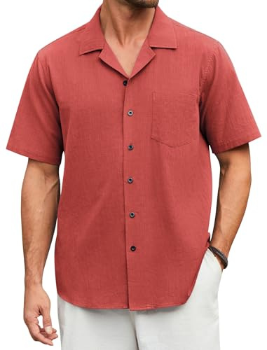 Enlision Camicia di Lino Uomo Maniche Corte Camicia Uomo Casual Estive Camicie Arancione Regular con Bottoni da Spiaggia 2XL