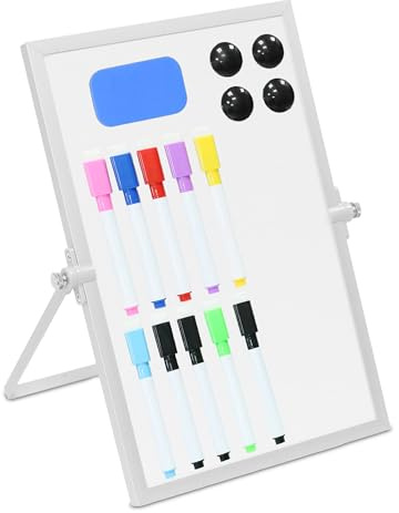 Relaxdays Whiteboard bord, 30 x 20 cm, magnetisk, 360° roterbar, med pennor, magneter, svamp, magnettavla, vit/silver