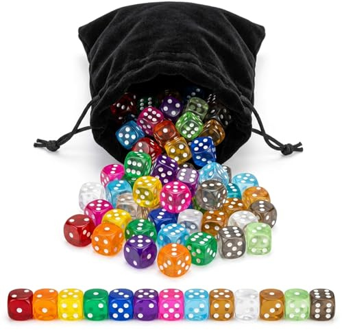 Lot de 65 Dés 6 Faces de Jeux, dé, Des a Jouer, Multicolores, Coins Arrondis, pour Jeux de Table et Éducatifs, avec Sac de Rangement