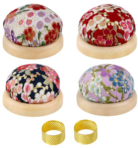 XFSRG 4 Puntaspilli con Base in Legno 2 Ditali da Cucito Set 6 Pezzi Pincushion Rotondo da Puntaspilli Giapponese Floreali Porta Spille Accessori Cucito per Cucito Quilting Ricamo (Set1)