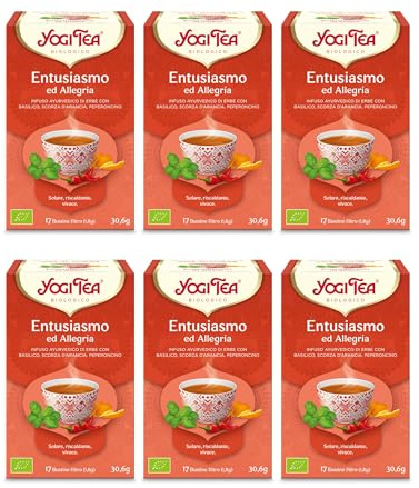 Yogi Tea Entusiasmo ed Allegria Bio - Infuso Ayurvedico - Miscela di Basilico, Buccia d'Arancia e Peperoncino - Senza Caffeina - Confezione da 6x17 bustine (102 bustine in totale)