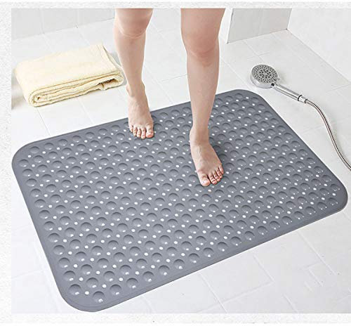 Bathsafe Extra Wide 90x60CM Non-Slip Soft Bath Mat Anti Slip TPR Shower Mat with Strong Suction Cups Non Skid Mats for Bathroom Toilet Hotel, Anti-Bacterial Safety Bathtub Mat,Grey