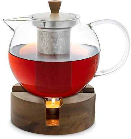 GLASWERK Teapot with Warmer Set - 1300 ml Glass Tea Pot with Stainless Steel Strainer to Brew Loose Leaves Tea - Perfect Tea Maker | Heat Resistant Glass Teapot Gift Set for 4-6 Cups