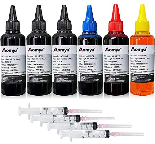 Aomya Kit di ricarica inchiostro 6x100ml compatibile per Canon PGI-545 PGI-540 PGI-550 CLI-551 PGI-570 CLI-571 PGI-580 PGI-525 CLI-521 Cartuccia d'inchiostro ricaricabile con 4 siringhe,3BK+CMY