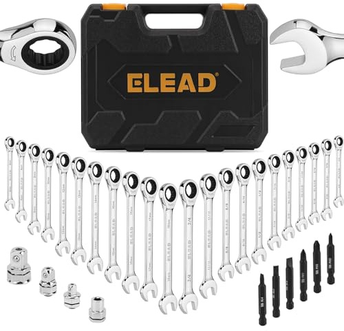 ELEAD 33-Piece Combination Ratchet Wrench Set | SAE & Metric Sizes (1/4 to 3/4 & 6-18mm) | 72-Tooth Gear Design | CR-V Steel | Organizer Carry Case | Ideal for Mechanics & DIY