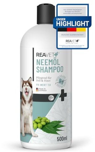 ReaVET Neemöl Shampoo für Hunde 500ml - Hundeshampoo gegen Juckreiz, Milben, Flöhe, Zecken, Hautfreundlich, Pflegend & leicht kämmbar, Fellpflege & Fellglanz, Angenehm im Geruch