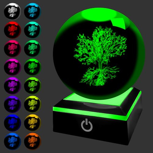 HONPHIER 3D Boule de Cristal Arbre de Vie Lampe Boule de Cristal avec Lumière Changeante Base Lampe de Nuit Lampe d'ambiance Cadeau pour Adultes, Enfants, Amis, Couples