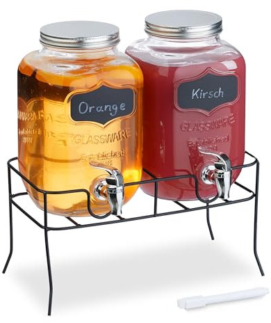 Relaxdays Getränkespender mit Ständer, 2er Set, Limobehälter 4L, Zapfhahn und Deckel, Wasserspender, Glas, transparent