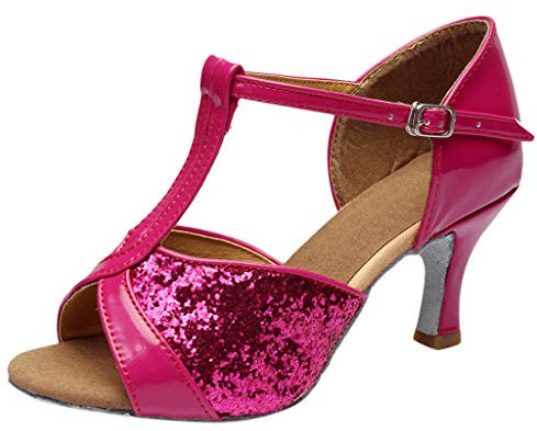 Latin Salsa Dance Shoes Women's Low Heel Elegant for Wedding Sandals Open Toe Latin Shoes Buckle Comfortable Soft Sole Jazz Shoes Women Summer Ballet Flats Heel Shoes, hot pink, 8.5 UK