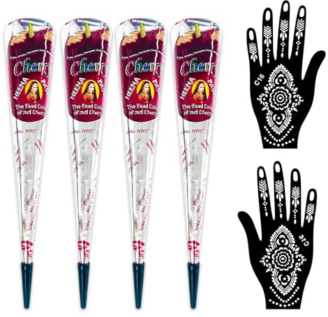 Confezione da 4 henné naturale per tatuaggi temporanei con 2 stencil. Ogni cono contiene 25 g di pasta di henné per body art, pittura, disegno, tatuaggi, lentiggini (rosso ciliegia)