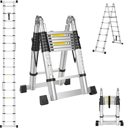 STANEW 5 M (2,5 + 2,5 M) Escalera telescópica Plegable de Aluminio, Escalera Extensible 2 en 1, Plegable Antideslizante Extensible multifunción con con 2 Barra Estabilizadora,150 KG