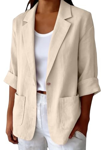 Womens Blazer Jacket,Summer Blazers for Women UK Solid Color One Button Cotton Linen Suit Jackets Fashion Lightweight Elegant Outerwear Casual Office Work Party Jacket Lapel Business Coat Beige