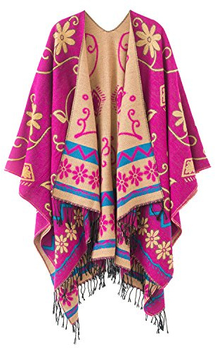 Schicker Damenponcho, Vintage-Umhang mit Schal und Quasten, traditionelles Muster Gr. One size, rose