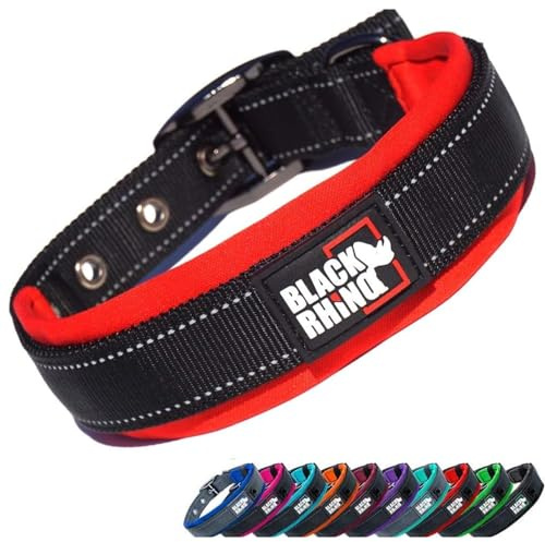 Black Rhino Comfort Dog Collar - Thick and Heavy-Duty Collar - Strong Neoprene Padding - Adjustable Sizing for Small, Medium, Large Dogs - Soft, Stylish Dog Collars in Red and Black