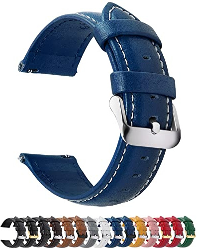 Fullmosa Bracelet de montre, Bracelet en cuir vintage de remplacement pour smartwatch et montre universelle avec fermoir en acier inoxydable pour hommes et femmes,Bleu foncé+boucle argentée,24MM