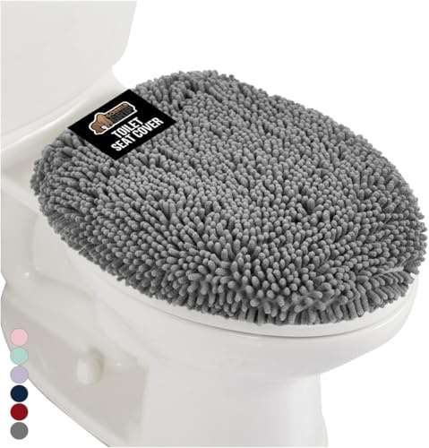 GORILLA GRIP Soft Chenille Bathroom Toilet Lid Cover, Machine Washable Seat Covers, 19.5x18.5, Stays in Place Rubber Backing, Fits Most Round, Elongated and Oblong Lids, Accessories Decor, Grey
