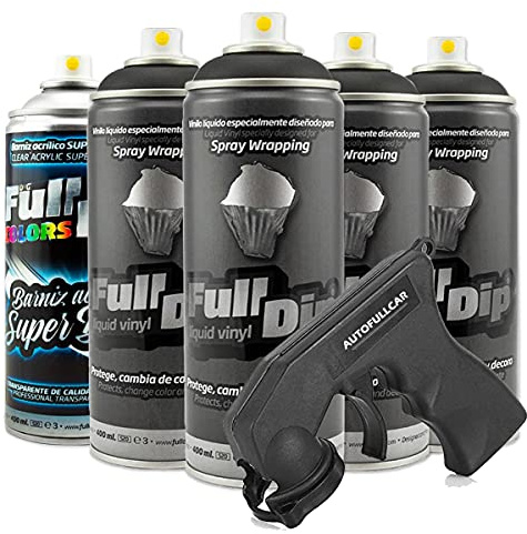AutoFullCar – Pack Llantas Vinilo Líquido Full Dip Negro + Barniz Brillo, 5 Sprays × 400 ml + Adaptador de Regalo | Pelable y Resistente al Agua | Cubre 4 Llantas hasta 20″ | Aplicación Fácil