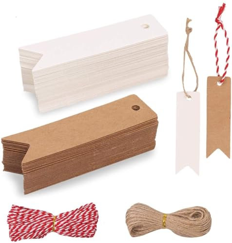 Hoiny Geschenk Anhänger 200 stk.Kraftpapier Anhänger Etiketten Geschenkanhänger mit Jute Schnur für Hochzeitsgeschenke, Party-Geschenkanhänger und Weihnachten (Kraft + weiß)