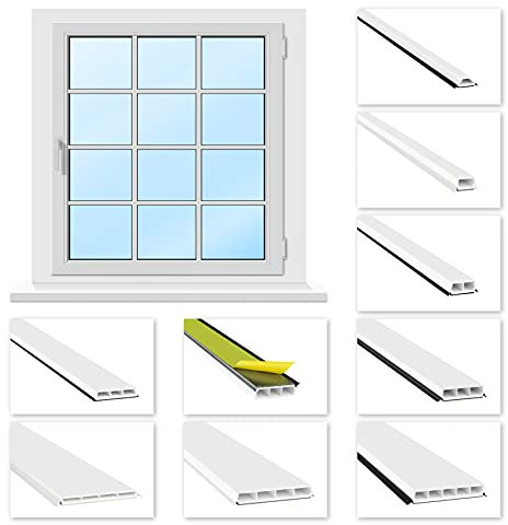 HEXIM Fenstersprossen weiß 1 & 2 Meter - selbstklebende Glassprossen aus PVC Kunststoff, Dichtungslippen(steil & ausgestellt) in grau und schwarz - HJ G18(1000x18x10mm, schwarze Lippe)